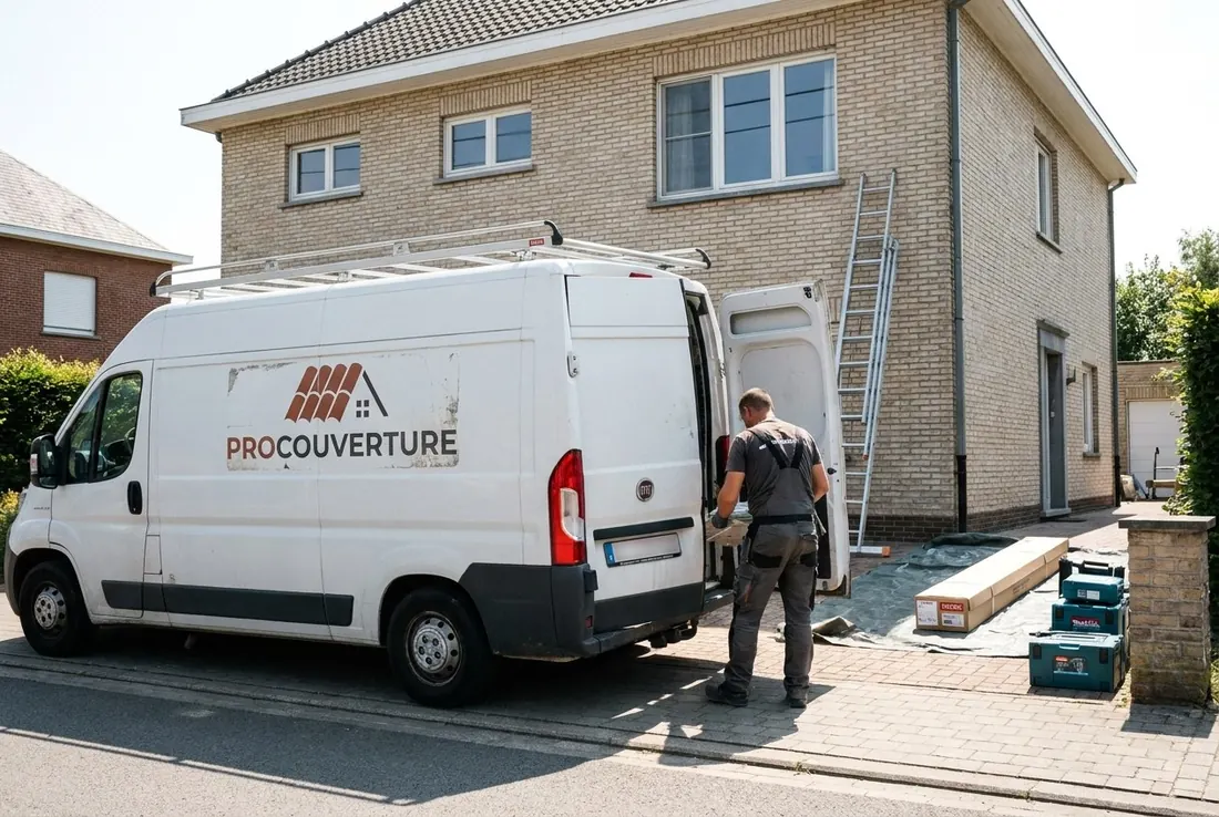 Utilitaire ProCouverture garé devant une maison, couvreur au travail