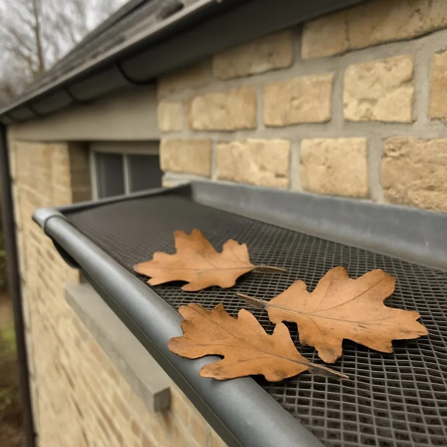 Feuilles de chêne accumulées sur une gouttière
