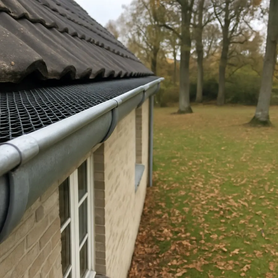 Gouttière propre équipée d’une grille, pelouse et grands arbres en arrière-plan