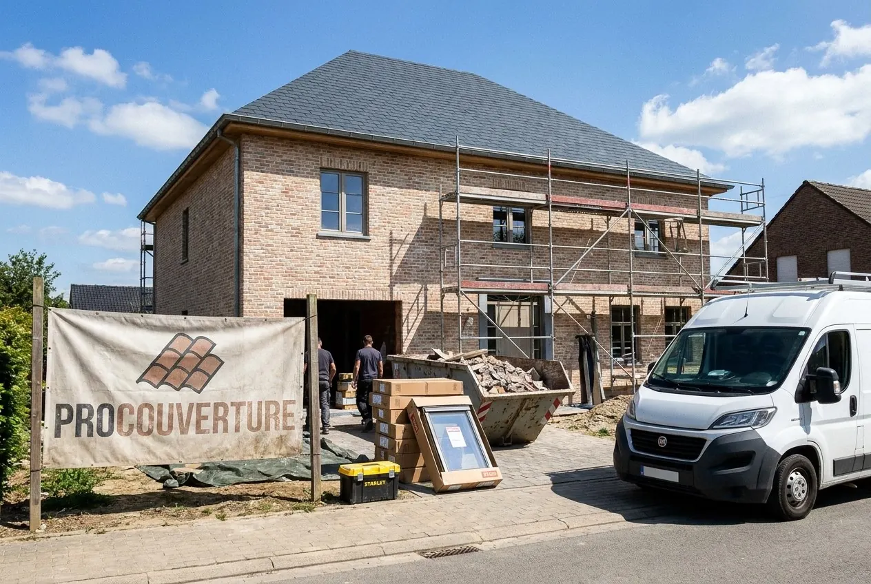 Maison en briques claires sous échafaudage, bâche ProCouverture et utilitaire devant le chantier
