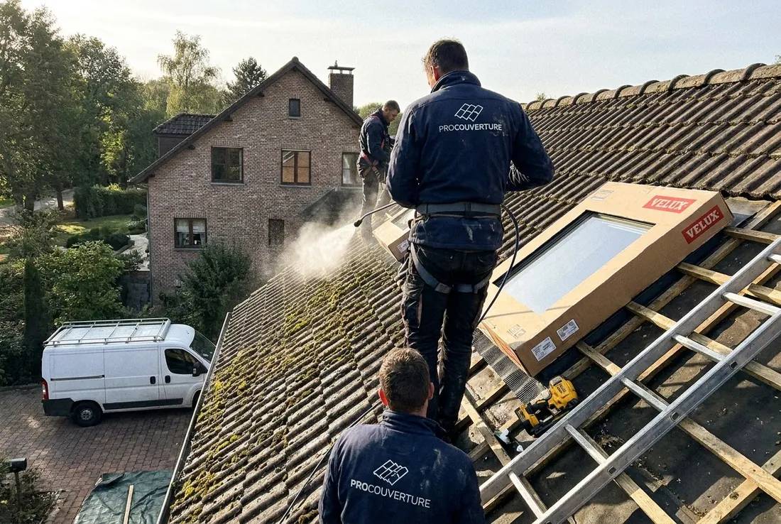 Couvreurs sur une toiture en tuiles avec une fenêtre de toit en attente de pose